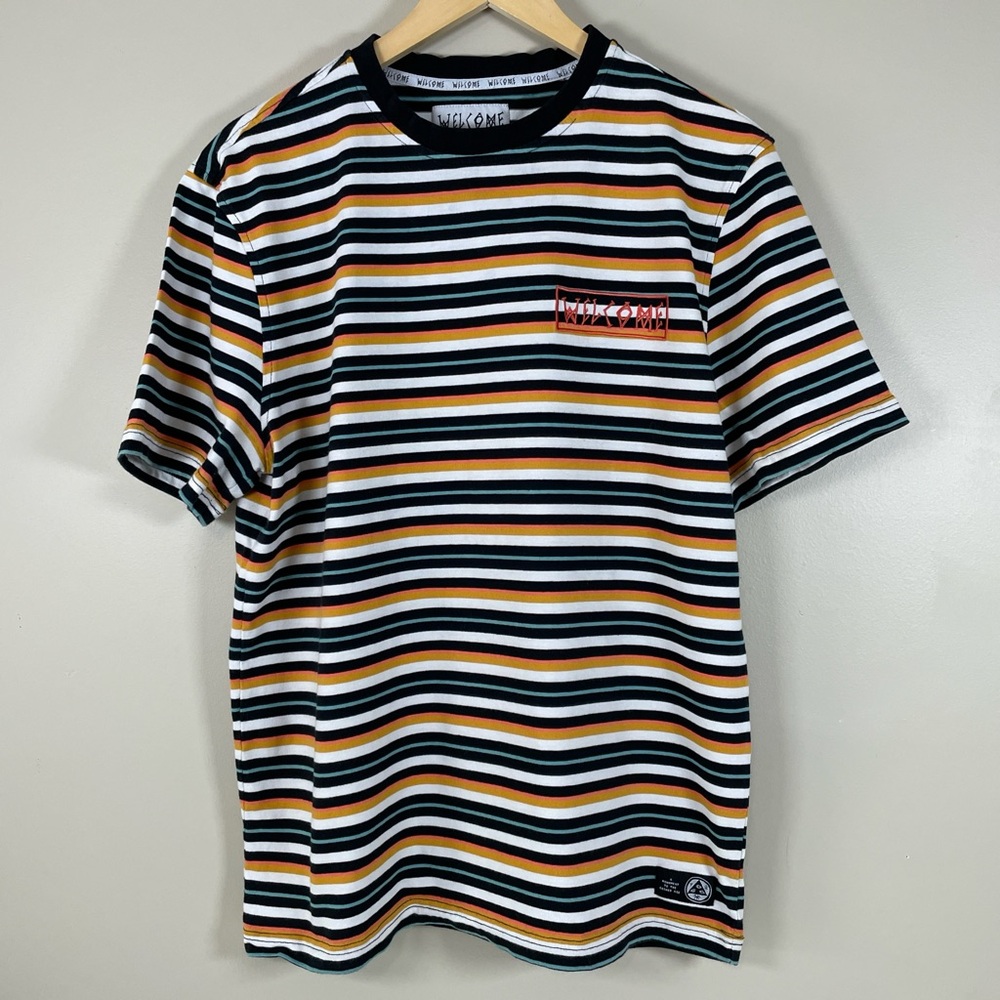 WELCOME Skateboard Multicolor Embroidered Logo Crewneck Short Sleeve T-Shirt‎ LG